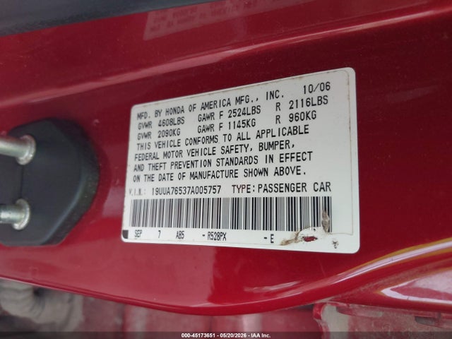 Aukcja sprzedaży 2007 Acura Tl Type S, vin: 19UUA76537A005757, numer aukcji: 45173651