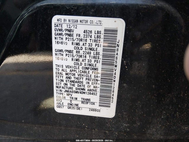 45173654 :رقم المزاد ، JN8AS5MV4DW126452 vin ، 2013 Nissan Rogue S مزاد بيع