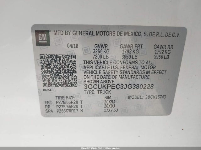 Aukcja sprzedaży 2018 Chevrolet Silverado 1500 Custom, vin: 3GCUKPEC3JG380228, numer aukcji: 45173664