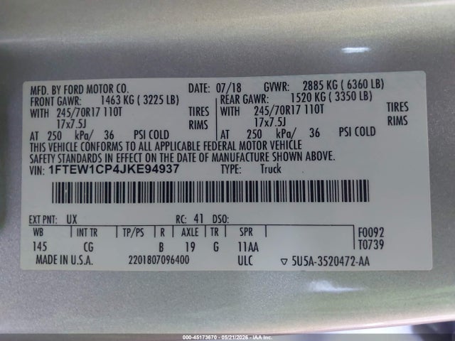 Aukcja sprzedaży 2018 Ford F-150 Xl, vin: 1FTEW1CP4JKE94937, numer aukcji: 45173670