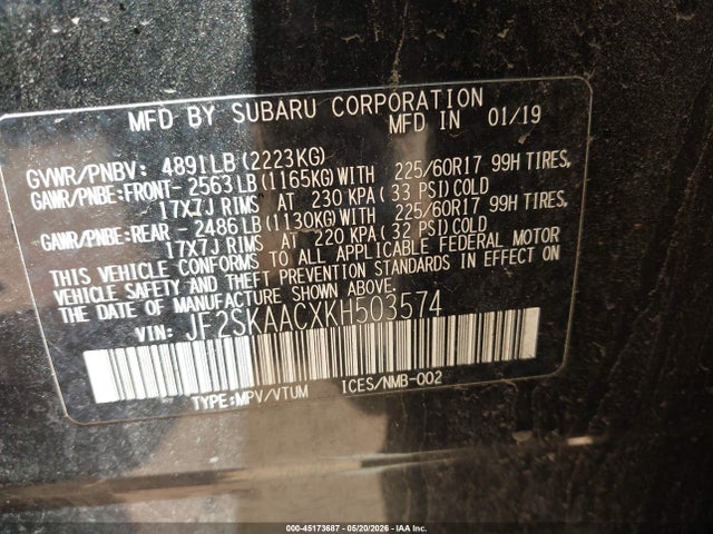 Aukcja sprzedaży 2019 Subaru Forester, vin: JF2SKAACXKH503574, numer aukcji: 45173687