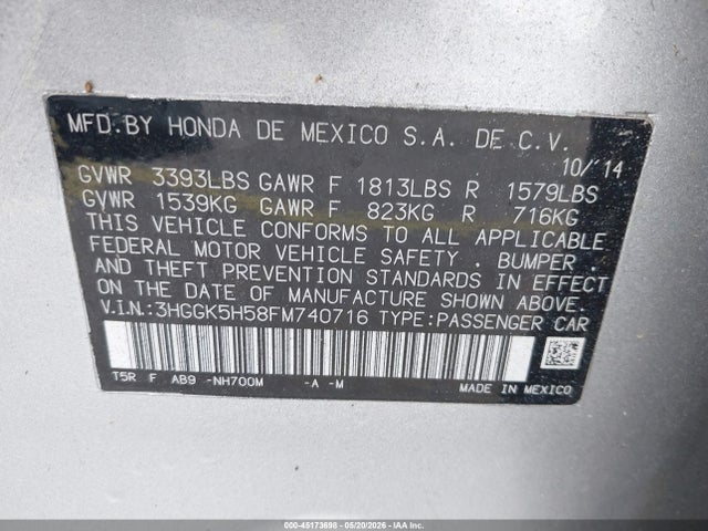 45173698 :رقم المزاد ، 3HGGK5H58FM740716 vin ، 2015 Honda Fit Lx مزاد بيع