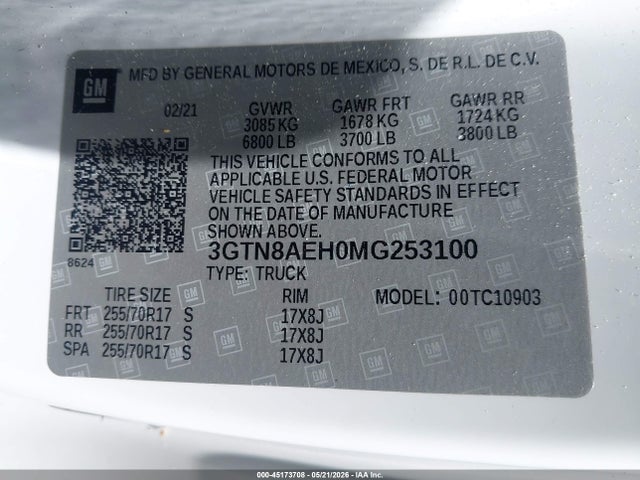 Продажа на аукционе авто 2021 Gmc Sierra 1500 2wd  Long Box, vin: 3GTN8AEH0MG253100, номер лота: 45173708