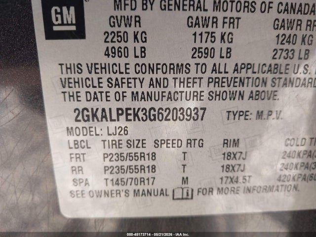 45173714 :رقم المزاد ، 2GKALPEK3G6203937 vin ، 2016 Gmc Terrain Slt مزاد بيع