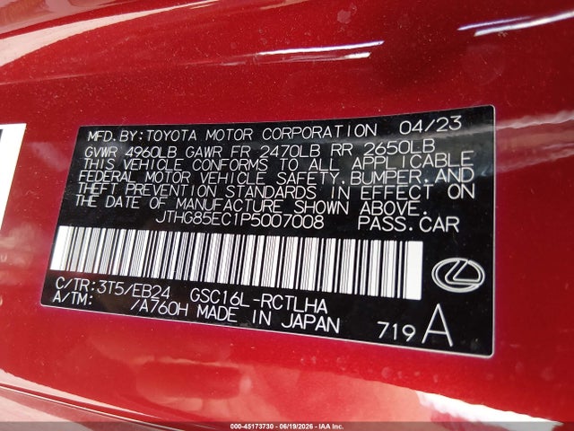 45173730 :رقم المزاد ، JTHG85EC1P5007008 vin ، 2023 Lexus Rc 300 F Sport مزاد بيع
