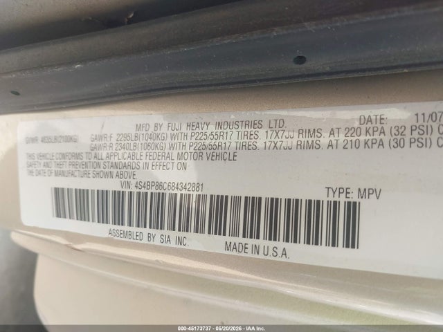 Aukcja sprzedaży 2008 Subaru Outback 3.0r L.l. Bean Edition, vin: 4S4BP86C684342881, numer aukcji: 45173737