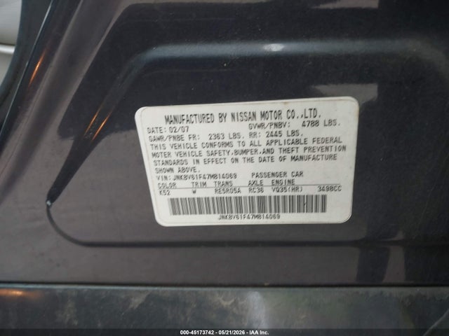 2007 Infiniti G35x მანქანა იყიდება აუქციონზე, vin: JNKBV61F47M814069, აუქციონის ნომერი: 45173742