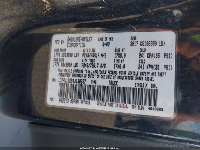 45173744 :رقم المزاد ، 1D7HU18D84J138637 vin ، 2004 Dodge Ram 1500 Slt/laramie مزاد بيع