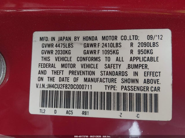 2013 Acura Tsx 2.4 მანქანა იყიდება აუქციონზე, vin: JH4CU2F82DC000711, აუქციონის ნომერი: 45173750