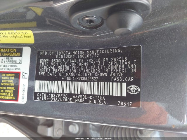 Aukcja sprzedaży 2012 Toyota Camry Se, vin: 4T1BF1FK7CU609827, numer aukcji: 45173769