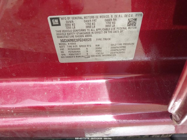 Aukcja sprzedaży 2015 Chevrolet Silverado 1500 1lt, vin: 3GCUKREC3FG249528, numer aukcji: 45173779