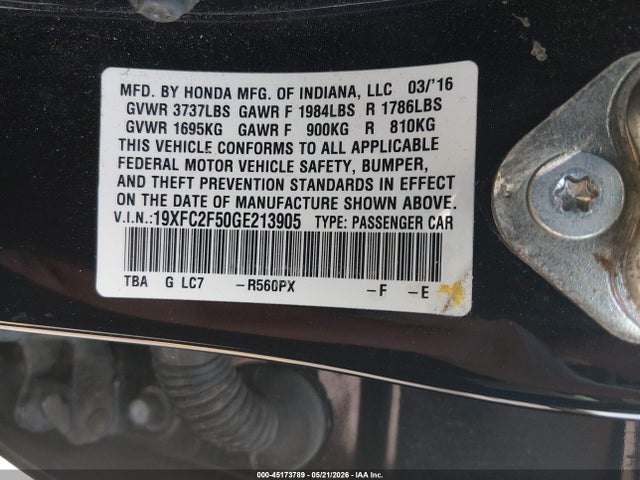 2016 Honda Civic Lx მანქანა იყიდება აუქციონზე, vin: 19XFC2F50GE213905, აუქციონის ნომერი: 45173789