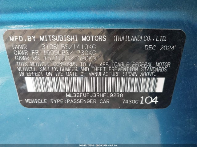 Продаж на аукціоні авто 2024 Mitsubishi Mirage G4 Black Edition/es/le, vin: ML32FUFJ3RHF19238, номер лоту: 45173792
