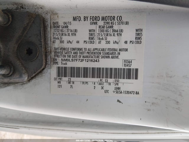 2015 Ford Transit Connect Xlt მანქანა იყიდება აუქციონზე, vin: NM0LS7F72F1216243, აუქციონის ნომერი: 45173793