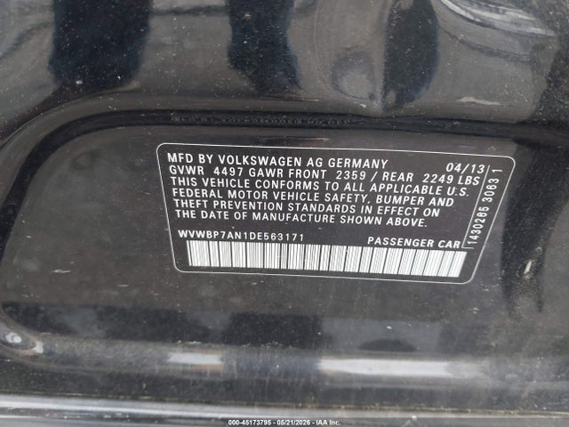 45173795 :رقم المزاد ، WVWBP7AN1DE563171 vin ، 2013 Volkswagen Cc 2.0t Sport مزاد بيع