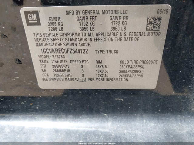 Auction sale of the 2015 Chevrolet Silverado 1500 2lt, vin: 1GCVKREC0FZ344732, lot number: 45173797