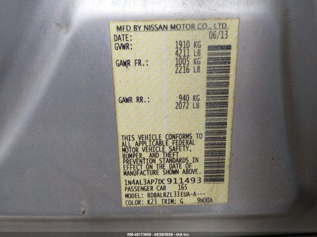 Aukcja sprzedaży 2013 Nissan Altima 2.5 S, vin: 1N4AL3AP7DC911493, numer aukcji: 45173805