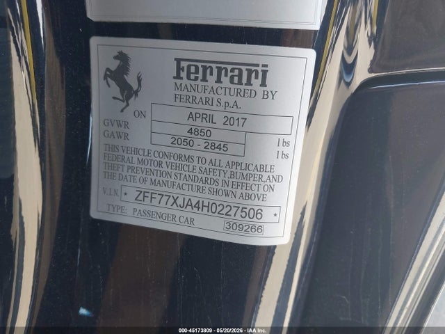 45173809 :رقم المزاد ، ZFF77XJA4H0227506 vin ، 2017 Ferrari California T مزاد بيع