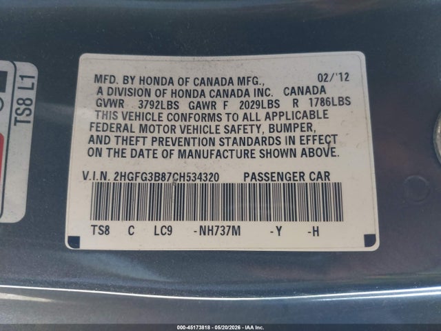 Продаж на аукціоні авто 2012 Honda Civic Ex, vin: 2HGFG3B87CH534320, номер лоту: 45173818
