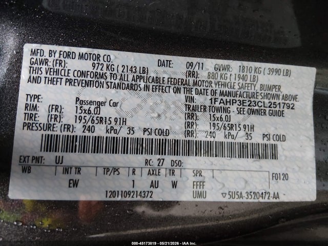 2012 Ford Focus S მანქანა იყიდება აუქციონზე, vin: 1FAHP3E23CL251792, აუქციონის ნომერი: 45173819