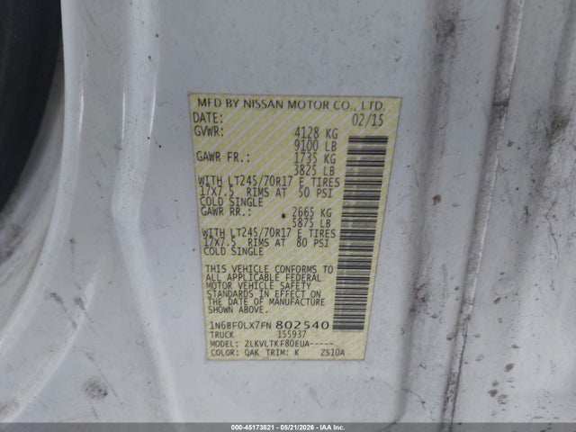 Aukcja sprzedaży 2015 Nissan Nv Cargo Nv2500 Hd Sv V6, vin: 1N6BF0LX7FN802540, numer aukcji: 45173821