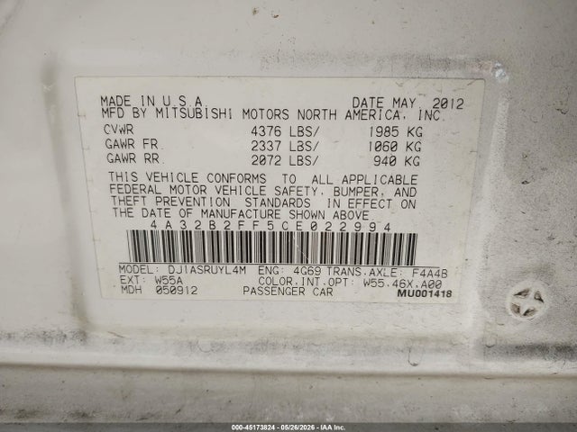 45173824 :رقم المزاد ، 4A32B2FF5CE022994 vin ، 2012 Mitsubishi Galant Fe مزاد بيع