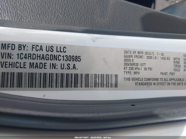 Aukcja sprzedaży 2022 Dodge Durango Sxt Rwd, vin: 1C4RDHAG0NC130985, numer aukcji: 45173837