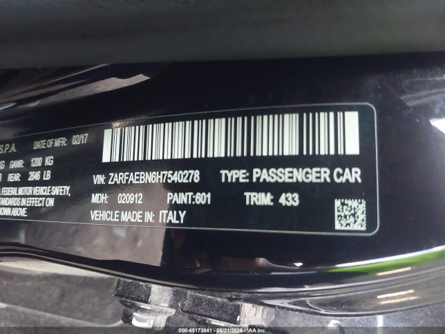 2017 Alfa Romeo Giulia Rwd მანქანა იყიდება აუქციონზე, vin: ZARFAEBN6H7540278, აუქციონის ნომერი: 45173841