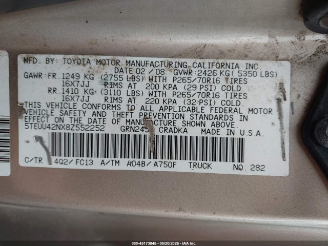 Продажа на аукционе авто 2008 Toyota Tacoma Base V6, vin: 5TEUU42NX8Z552252, номер лота: 45173845