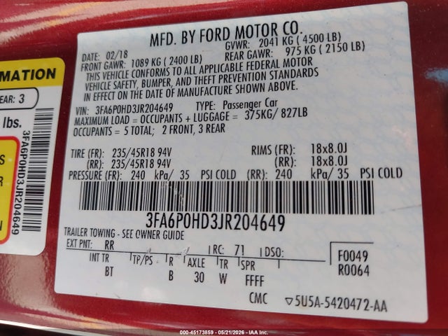 Ford FUSION SE 2018 3FA6P0HD3JR204649 Image 9