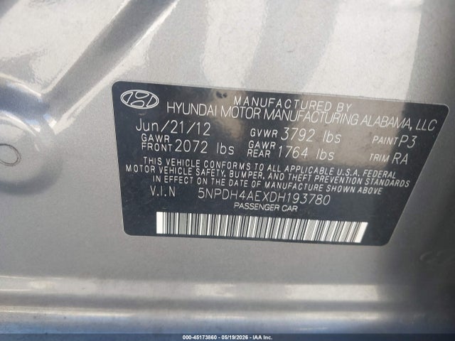 Продаж на аукціоні авто 2013 Hyundai Elantra Gls, vin: 5NPDH4AEXDH193780, номер лоту: 45173860