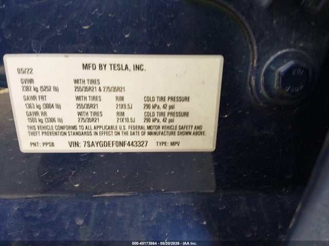 Продажа на аукционе авто 2022 Tesla Model Y Performance Dual Motor All-wheel Drive, vin: 7SAYGDEF0NF443327, номер лота: 45173864