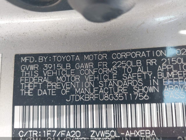 Aukcja sprzedaży 2016 Toyota Prius Two, vin: JTDKBRFU8G3511756, numer aukcji: 45173874
