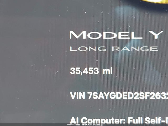 45173889 :رقم المزاد ، 7SAYGDED2SF263289 vin ، 2025 Tesla Model Y Long Range Dual Motor Rear-wheel Drive مزاد بيع