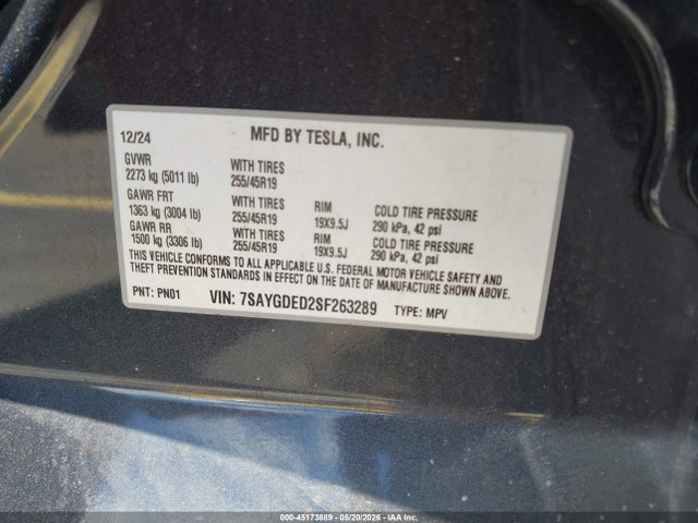 45173889 :رقم المزاد ، 7SAYGDED2SF263289 vin ، 2025 Tesla Model Y Long Range Dual Motor Rear-wheel Drive مزاد بيع