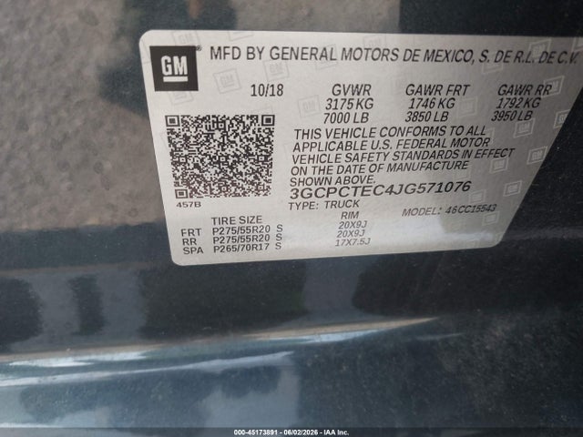 45173891 :رقم المزاد ، 3GCPCTEC4JG571076 vin ، 2018 Chevrolet Silverado 1500 High Country مزاد بيع