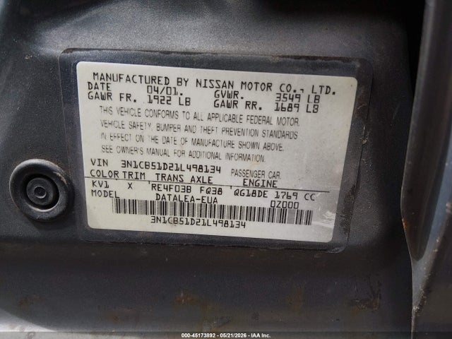 45173892 :رقم المزاد ، 3N1CB51D21L498134 vin ، 2001 Nissan Sentra Gxe مزاد بيع