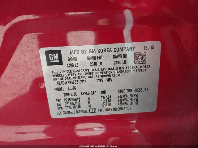 45173899 :رقم المزاد ، KL4CJFSB4FB219918 vin ، 2015 Buick Encore Convenience مزاد بيع