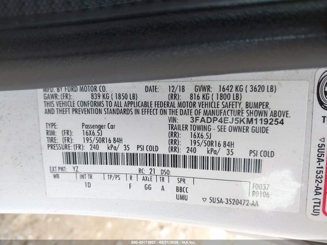Aukcja sprzedaży 2019 Ford Fiesta Se, vin: 3FADP4EJ5KM119254, numer aukcji: 45173907