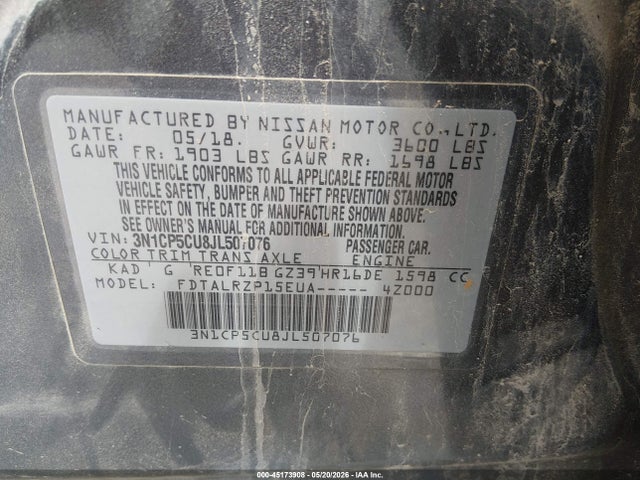 45173908 :رقم المزاد ، 3N1CP5CU8JL507076 vin ، 2018 Nissan Kicks S مزاد بيع