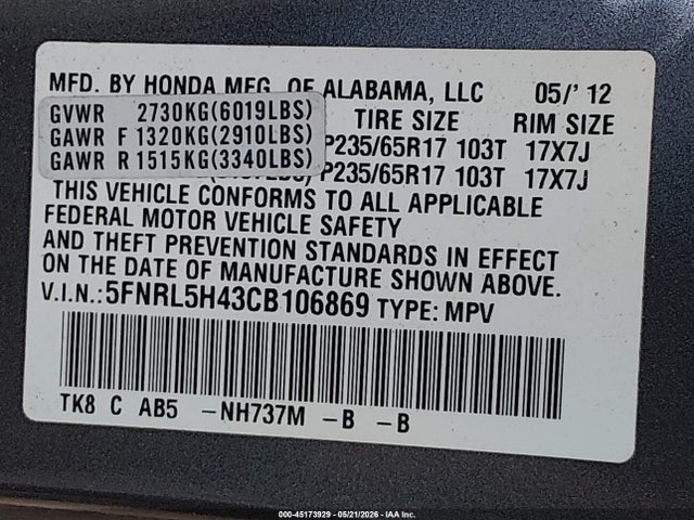 45173929 :رقم المزاد ، 5FNRL5H43CB106869 vin ، 2012 Honda Odyssey Ex مزاد بيع