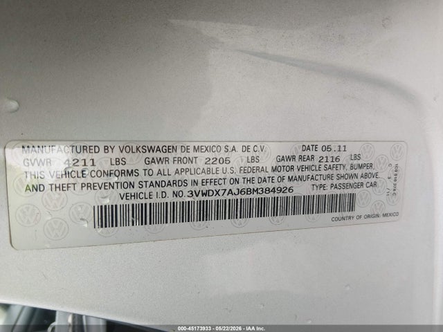 Продаж на аукціоні авто 2011 Volkswagen Jetta 2.5l Se, vin: 3VWDX7AJ6BM384926, номер лоту: 45173933