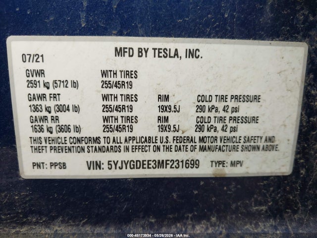2021 Tesla Model Y Long Range Dual Motor All-wheel Drive მანქანა იყიდება აუქციონზე, vin: 5YJYGDEE3MF231699, აუქციონის ნომერი: 45173934