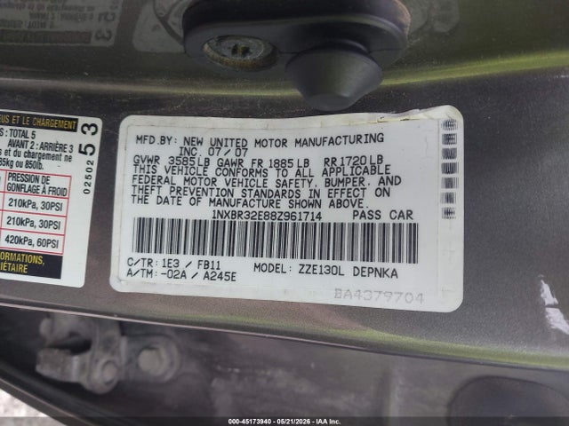 Продаж на аукціоні авто 2008 Toyota Corolla Le, vin: 1NXBR32E88Z961714, номер лоту: 45173940