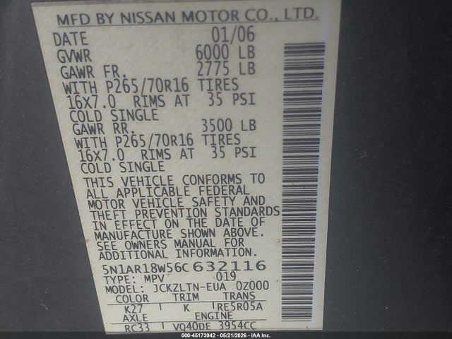 Продаж на аукціоні авто 2006 Nissan Pathfinder Se, vin: 5N1AR18W56C632116, номер лоту: 45173942