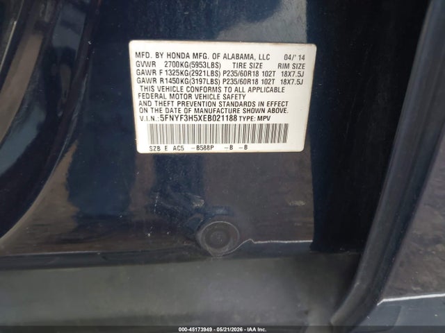 Продажа на аукционе авто 2014 Honda Pilot Ex-l, vin: 5FNYF3H5XEB021188, номер лота: 45173949