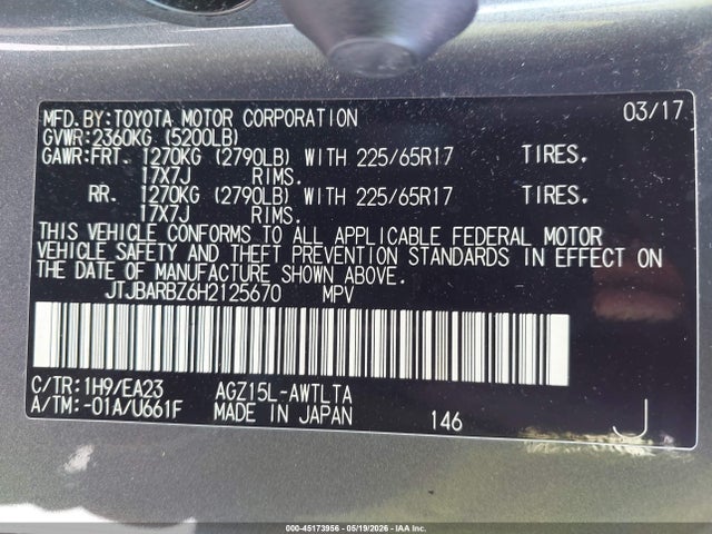 Aukcja sprzedaży 2017 Lexus Nx 200t, vin: JTJBARBZ6H2125670, numer aukcji: 45173956