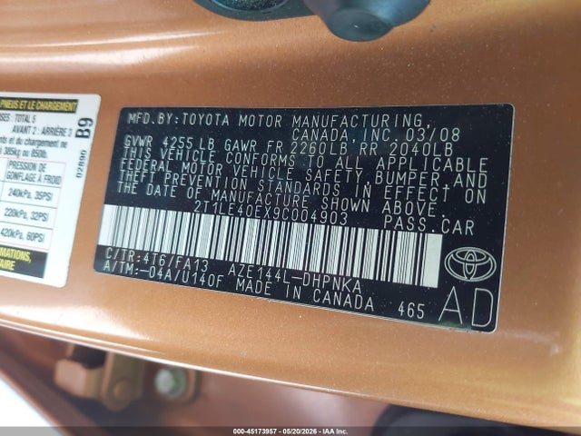 Продажа на аукционе авто 2009 Toyota Matrix S, vin: 2T1LE40EX9C004903, номер лота: 45173957