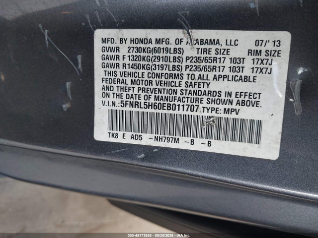2014 Honda Odyssey Ex-l მანქანა იყიდება აუქციონზე, vin: 5FNRL5H60EB011707, აუქციონის ნომერი: 45173958