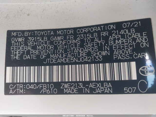 Aukcja sprzedaży 2022 Toyota Corolla Hybrid Le, vin: JTDEAMDE5NJ042133, numer aukcji: 45173961